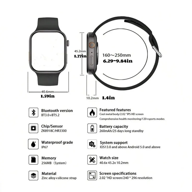 Smartwatch, visualização de alerta de interesse, alertas de vários aplicativos, chamada/discagem sem fio, papel de parede personalizável, compatível com IPhone/A