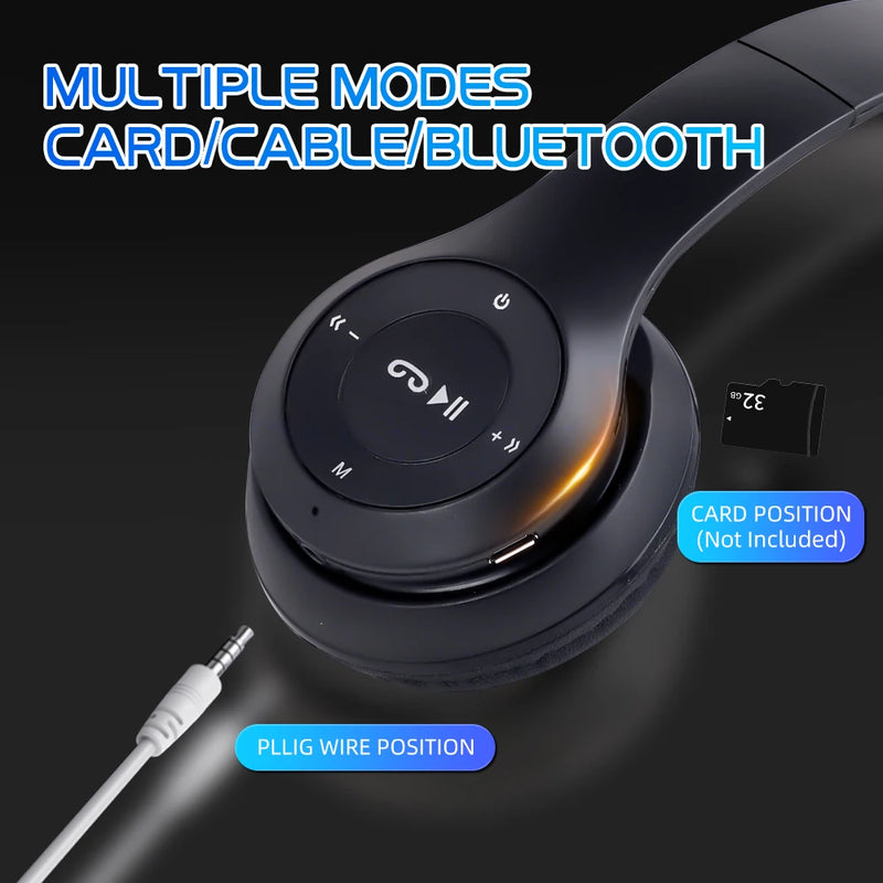 Fone de ouvido sem fio Bluetooth 5.0, fones de ouvido com fio, auscultadores dobráveis, suporte TF Card, iPhone, Xiaomi, 3,5mm