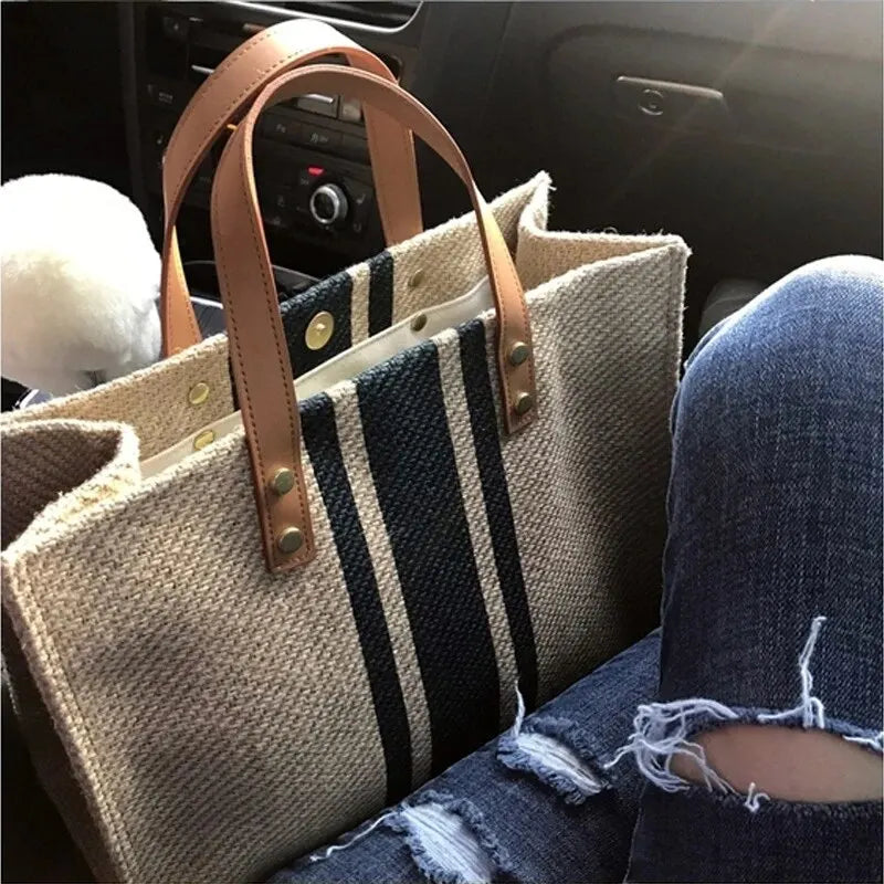 Bolsa de lona listrada com adornos decorativos estilo saco ou balde bolsas femininas alça superior sacola com grande capacidade casual ombro crossbody