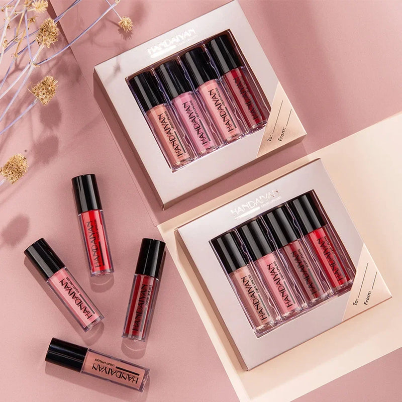 4 Cores Lip Gloss Batom Conjunto Sexy Batom Matte À Prova D 'Água Antiaderente Copo Lip Tint Cosméticos Maquiagem