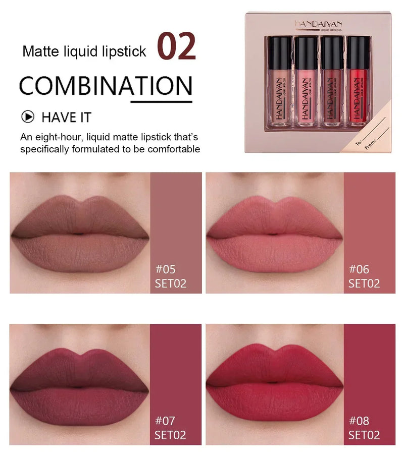 4 Cores Lip Gloss Batom Conjunto Sexy Batom Matte À Prova D 'Água Antiaderente Copo Lip Tint Cosméticos Maquiagem