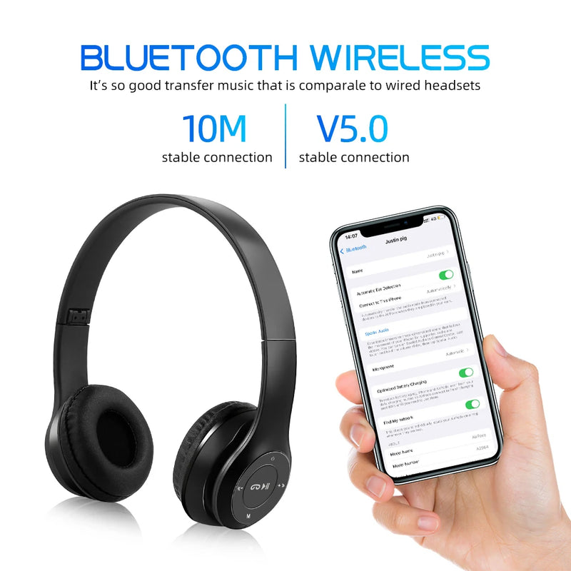 Fone de ouvido sem fio Bluetooth 5.0, fones de ouvido com fio, auscultadores dobráveis, suporte TF Card, iPhone, Xiaomi, 3,5mm