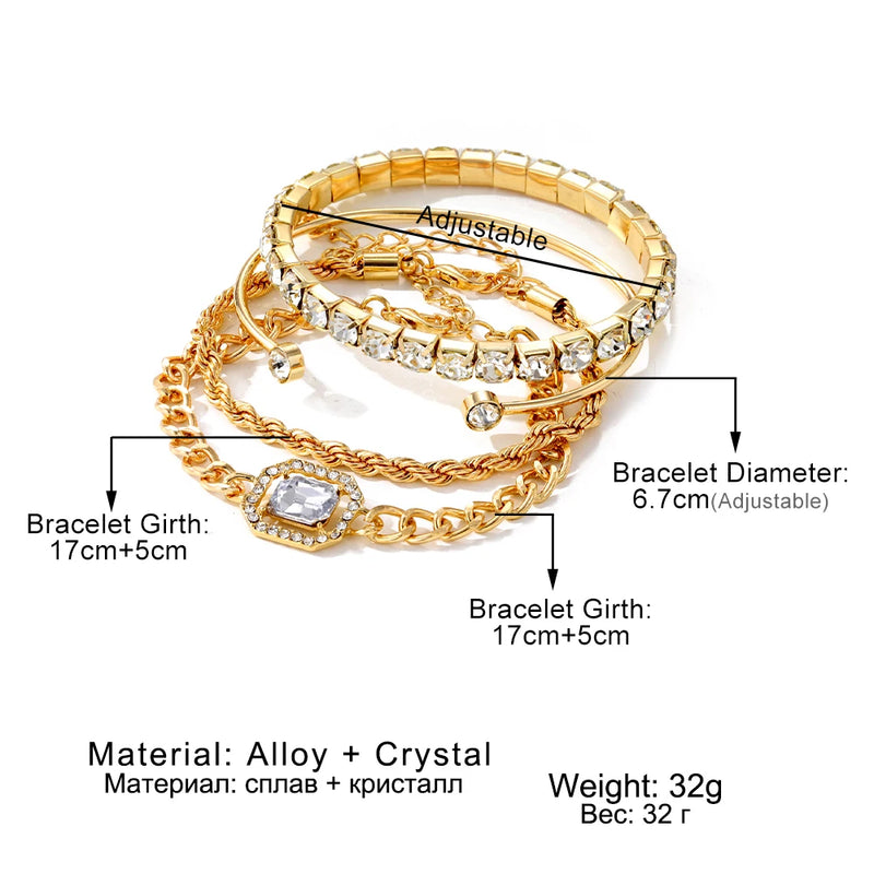 Pulseiras conjunto de 4 peças luxuosas para mulheres, cristal brilhante, corrente de abertura ajustável, pulseiras punk, joias da moda