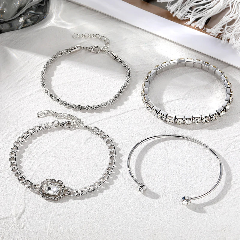 Pulseiras conjunto de 4 peças luxuosas para mulheres, cristal brilhante, corrente de abertura ajustável, pulseiras punk, joias da moda